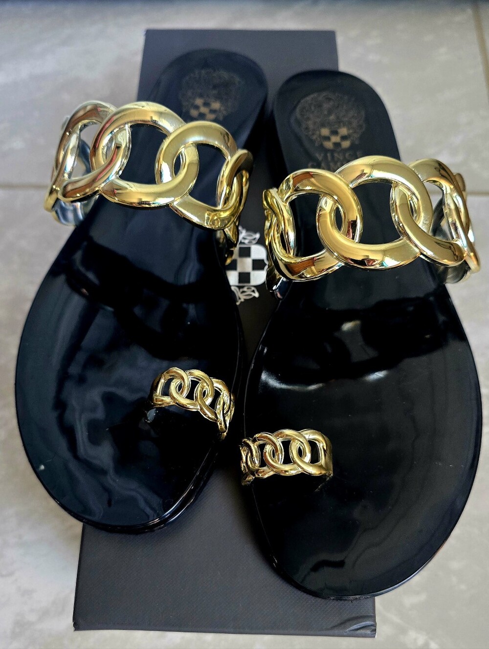 Vince Camuto Black Jelly Toe-Ring Sandals with Gold Chain Detail